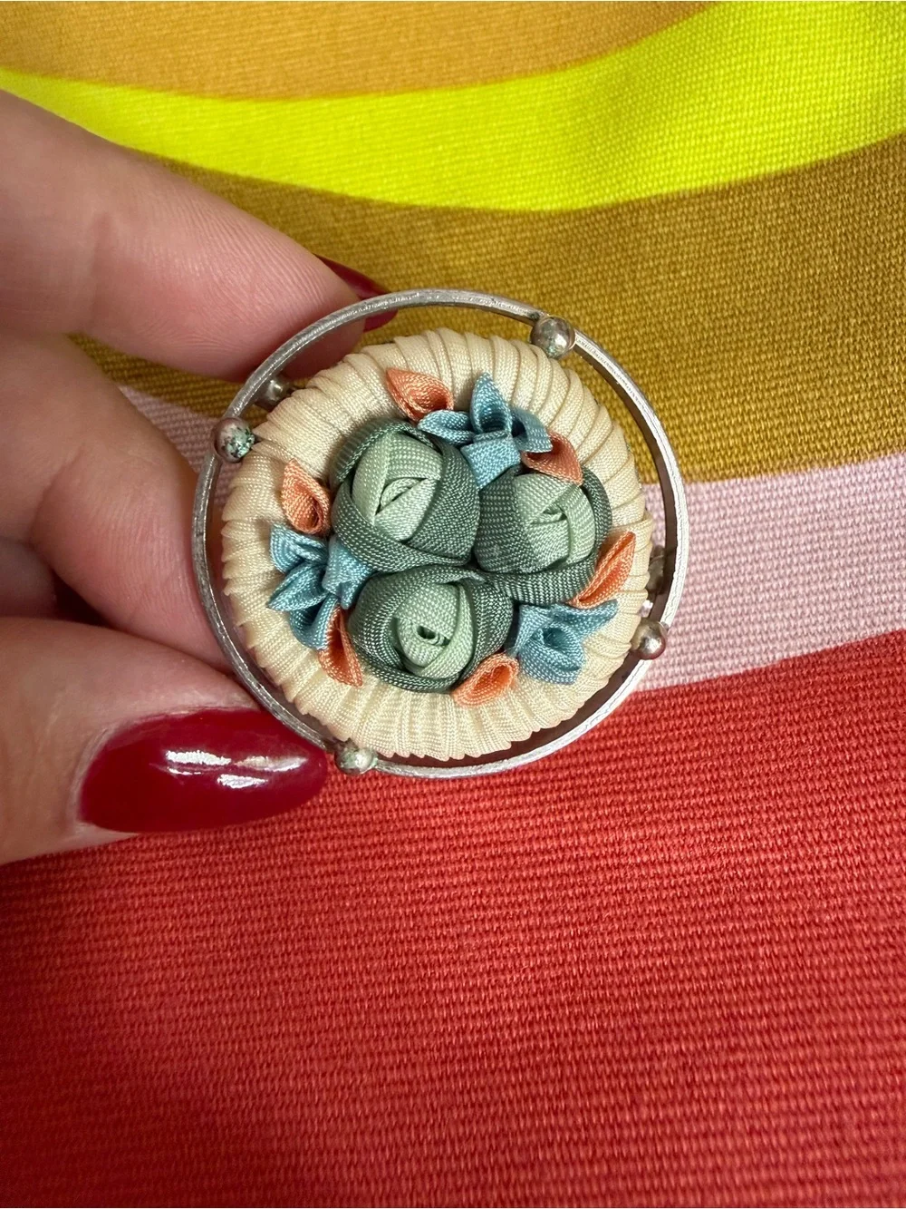 Cottagecore Scandinavian Handmade Floral 3D Embroidery Brooch with Silvertone Fr